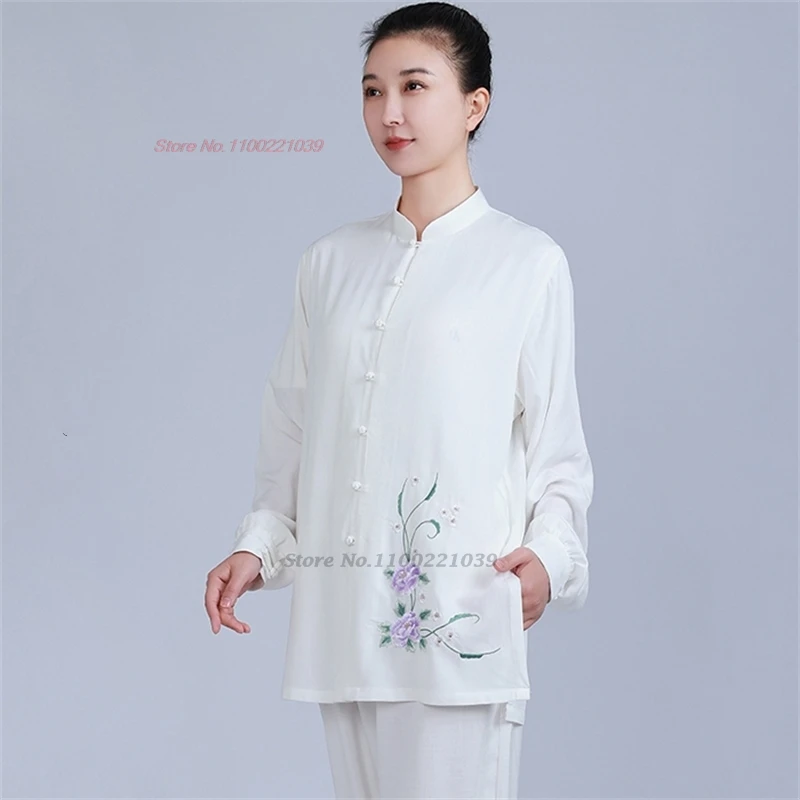 Uniforme tradicional chino taichi wushu, conjunto de artes marciales de lino y algodón con bordado de flores para práctica de entrenamiento de ejercicio kungfu, 2024