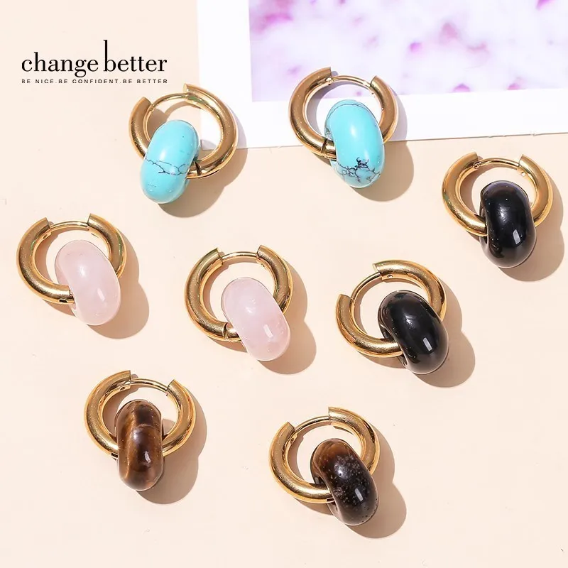 Change Better-pendientes de aro gruesos de acero inoxidable para mujer, aretes chapados en oro turquesa, ágata de cuarzo rosa Natural, rosquilla