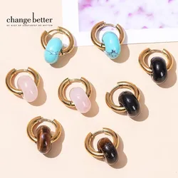 Change Better Natural Pink Quartz Agate Turquoise Golden Plated Earrings Women Handmade Donut Stainless Steel Thick Hoop Earring