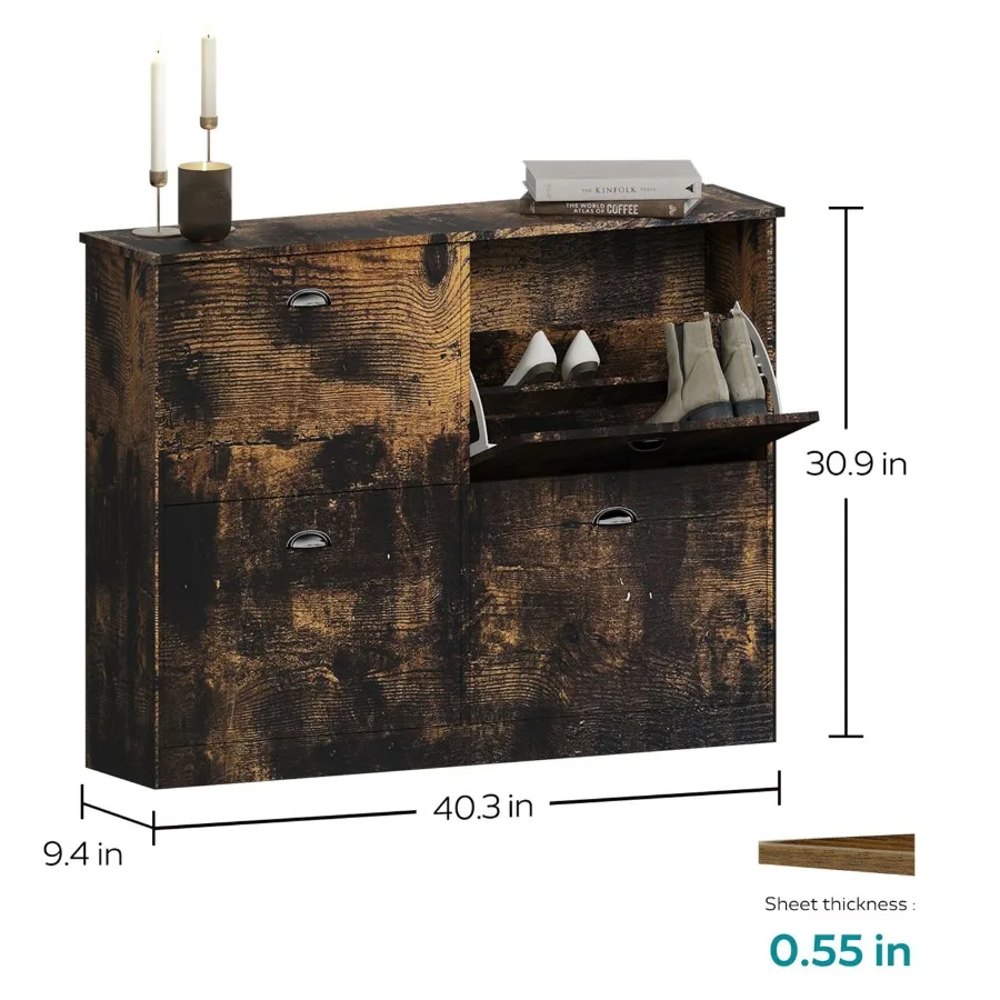 Shoe Cabinet Hidden Slim Narrow Shoe Rack Cabinet with 4 Drawers for Entryway Foyer Hallway Bedroom Original Wood Color RETRO