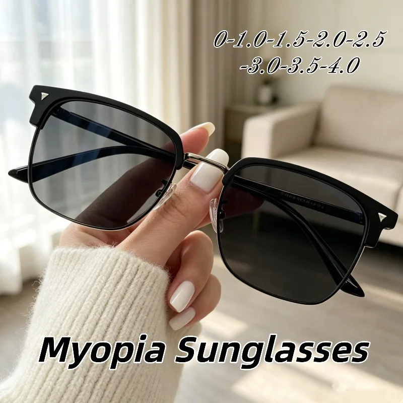 New Fashion Semi-Rimless HD Myopia Sunglasses Retro Large Frame Ultralight Eyeglasses Outdoor Driving Anti-UV Sunscreen Eyewear