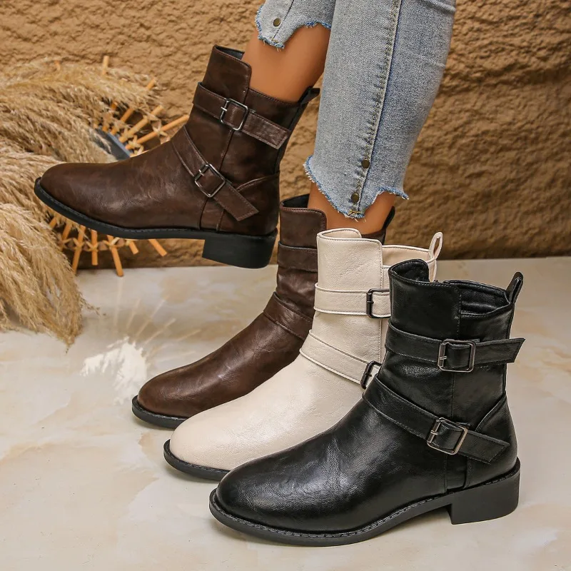 

Style Fashion Mid Heels Women's Ankle Boots Autumn and Winter Korean Version Concise Metal Decoration Square Heel Women's Boots