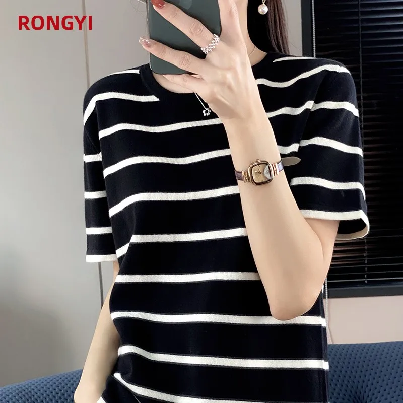 RONGYI Spring And Summer 100% Cotton Women\'s O-Neck Pullover Short Sleeve T-Shirt Striped Knitting Fashion Casual Spacious Top