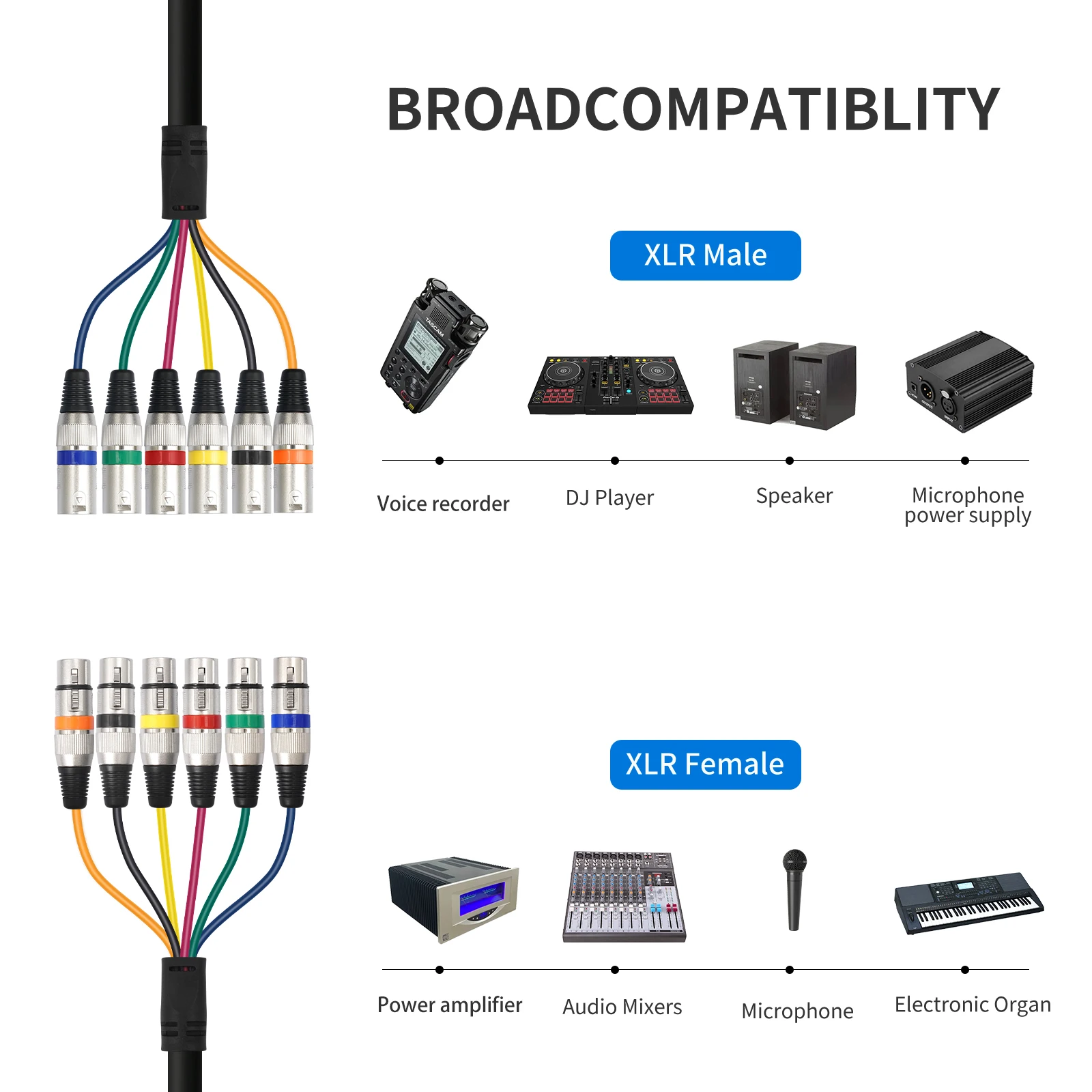 Bochara 6CH Channel XLR Snake Cable Male to Female OFC Audio Foil Shielded For Broadcasting Recording view 5