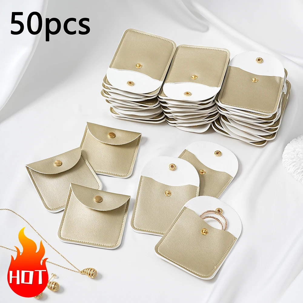 1/10/50 Buah Kantong Perhiasan Kulit PU Lembut Kancing Jepret Tas Kemasan Perhiasan Anting Kalung Organizer Tas Hadiah Bisnis Kecil