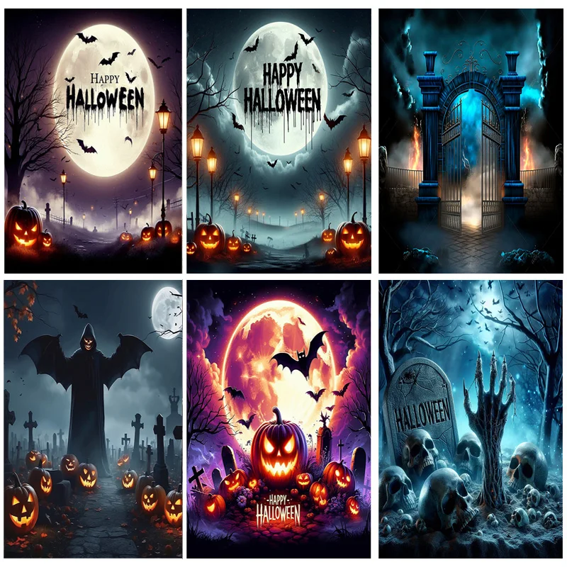 

Happy Halloween Party Backdrop Full Moon Scary Night Castle Graveyard Forest Bats Pumpkin Lantern Photography Background JS-8