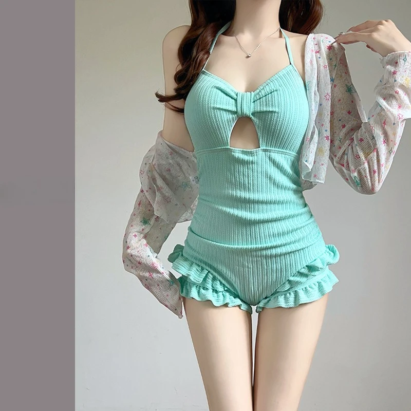 

sexy Korean fashion conservative swimsuits two pieces ruched knot ruffles bodysuits bikinis with star dot print cover smock