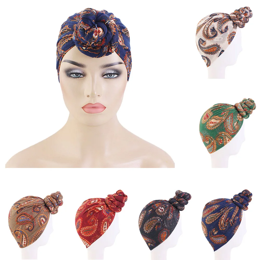 

African Print Muslim Women Twist Knot Turban Beanie Cap Head Wrap Long Stretch Hijab Femme Scarf Turbante Bandana Hair Headdress