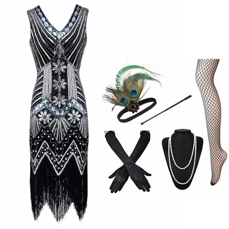 Novo 1920s gatsby charleston lantejoulas grânulo franja flapper bordado vestido robe com decote em v em camadas borla vestido de festa com acessórios