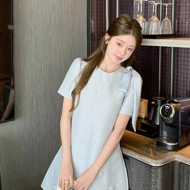 Elegant Socialite High-End A-line Dresses 2024 Summer New French Temperament Bow Tie Beaded Short Sleeve Loose Slim Mini Dress