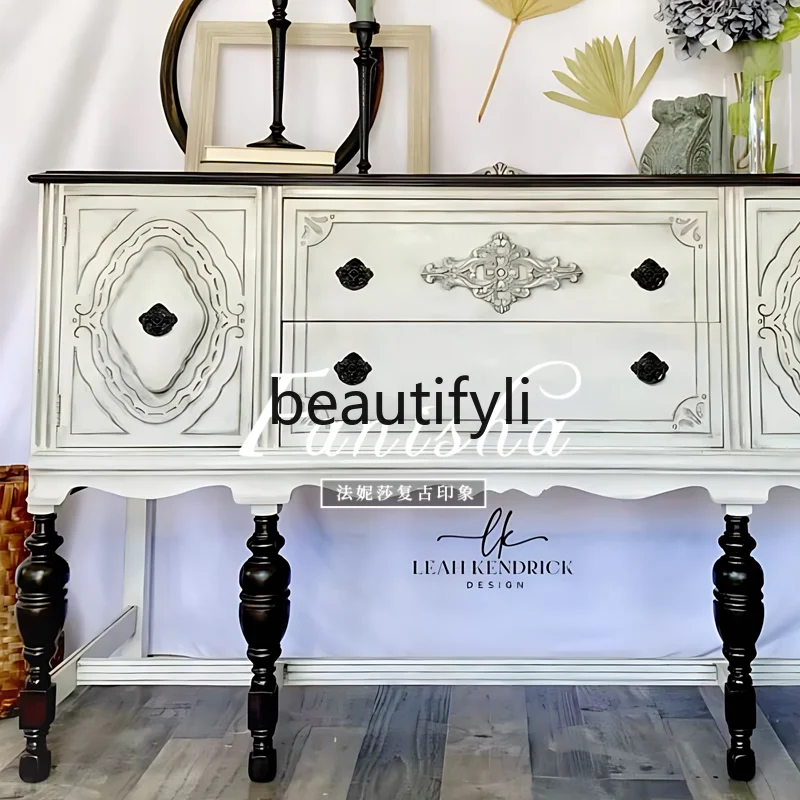 

French antique white old dining side cabinet American solid wood entrance retro style living room decorative cabinet