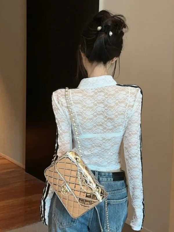 Sweet Spicy Girl Letter Print Stripe Sexy See-tough Lace irt  Collar Long Sve Top for Young Women in China