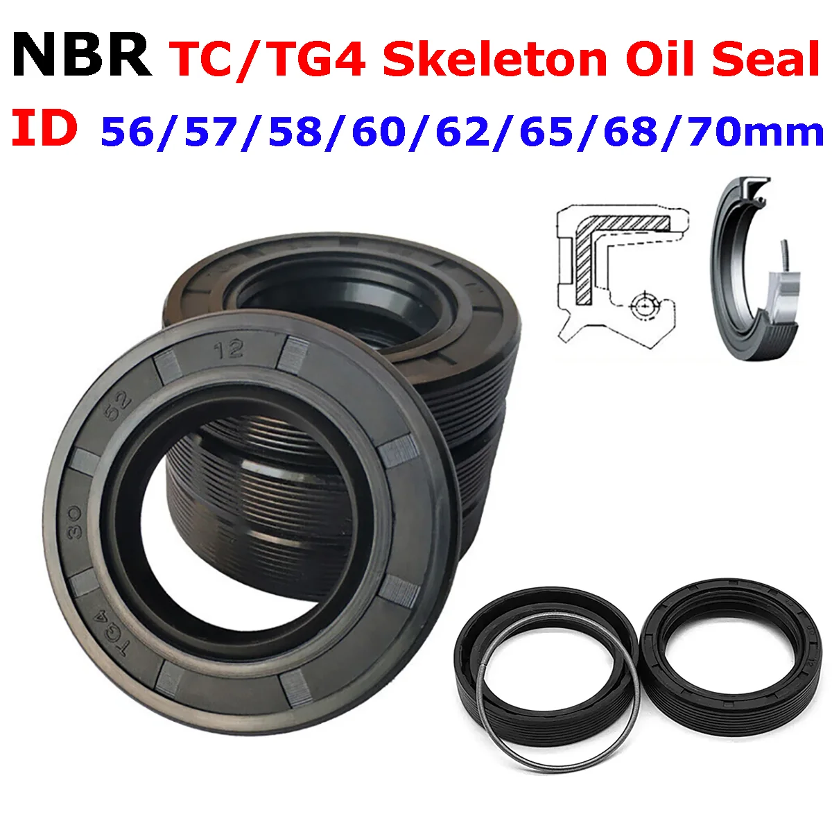 

NBR TC/FB/TG4 Oil Seal ID 56/57/58/60/62/65/68/70mm Nitrile Rubber with Metal Skeleton Shaft Double Lip Sealing Gaskets Ring