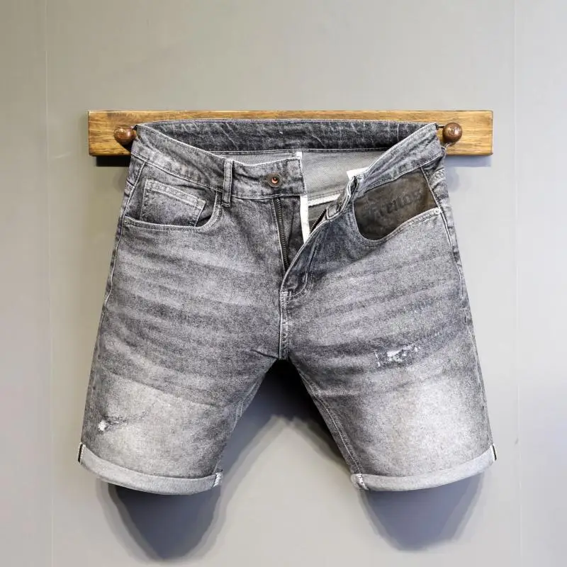 

Summer Denim Jeans Men Workwear Knee Length Cowboy Shorts Washed Splicing Ripped Slim Fit Elastic Grey Luxury Clothing Shorts