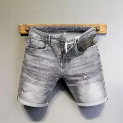 Summer Denim Jeans Men Workwear Knee Length Cowboy Shorts Washed Splicing Ripped Slim Fit Elastic Grey Luxury Clothing Shorts