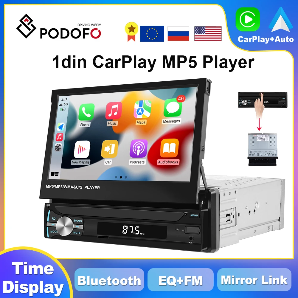 

Podofo 1din CarPlay Android Auto Car Radio Universally 7" Retractable Screen Audio Stereo Receiver Touch Screen Head Unit FM BT