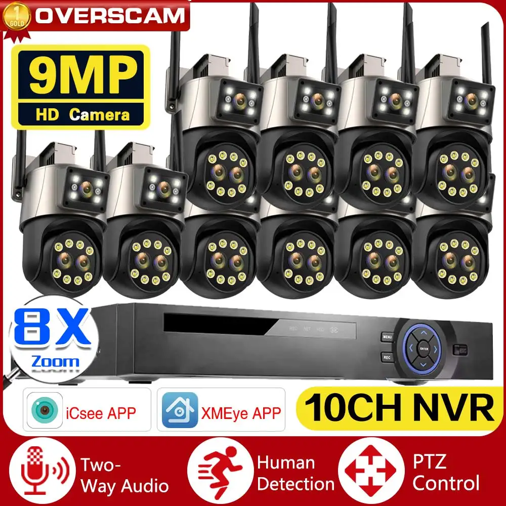 

4K 10CH NVR 8X Zoom 9MP CCTV PTZ Camera 3Lens Dual Screen Monitoring Real-time Alert ICSEE Notification WiFi Surveillance System