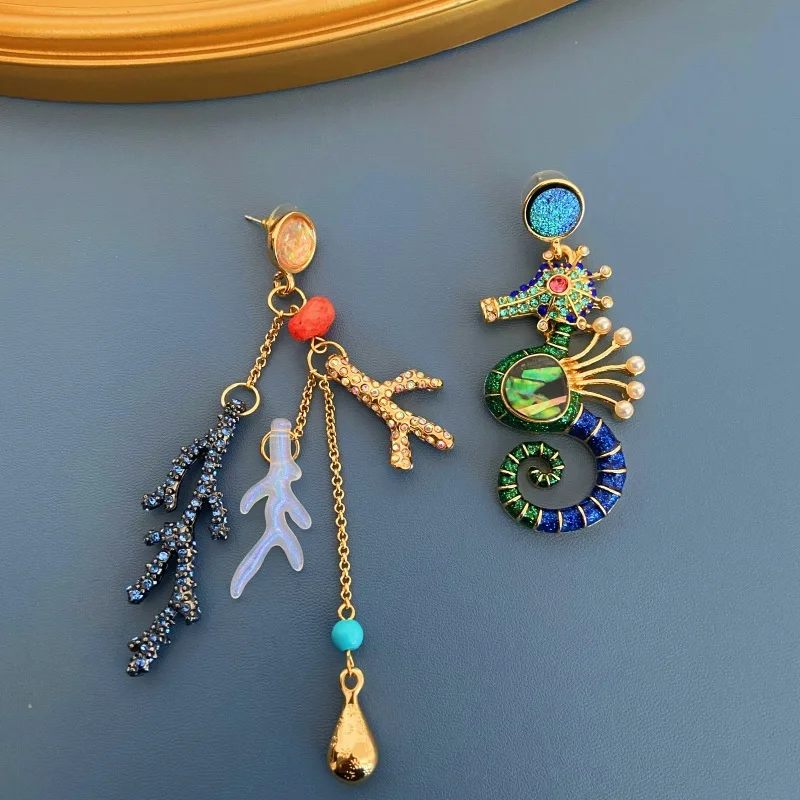 

Middle Vintage Marine Style Ocean Animal Enamel Handmade Retro Small Fish Sea Horse Coral Palace Rhinestone Water Drop Earrings