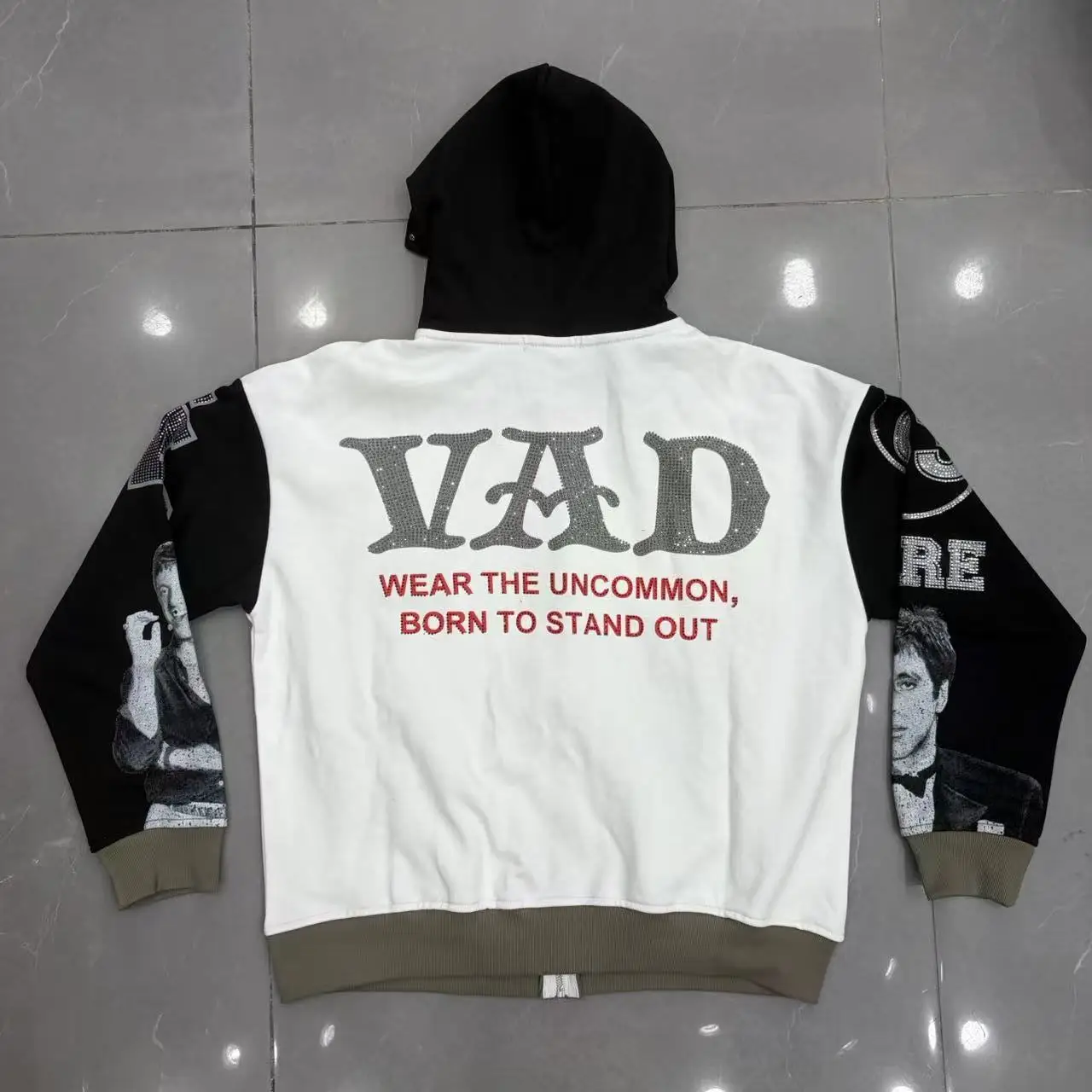 Contrast Color Character Shinning Diamond Zipper Hooded Hoodie for Men and Women Loose Cardigan Rhinestone Sweatshirt Jacket