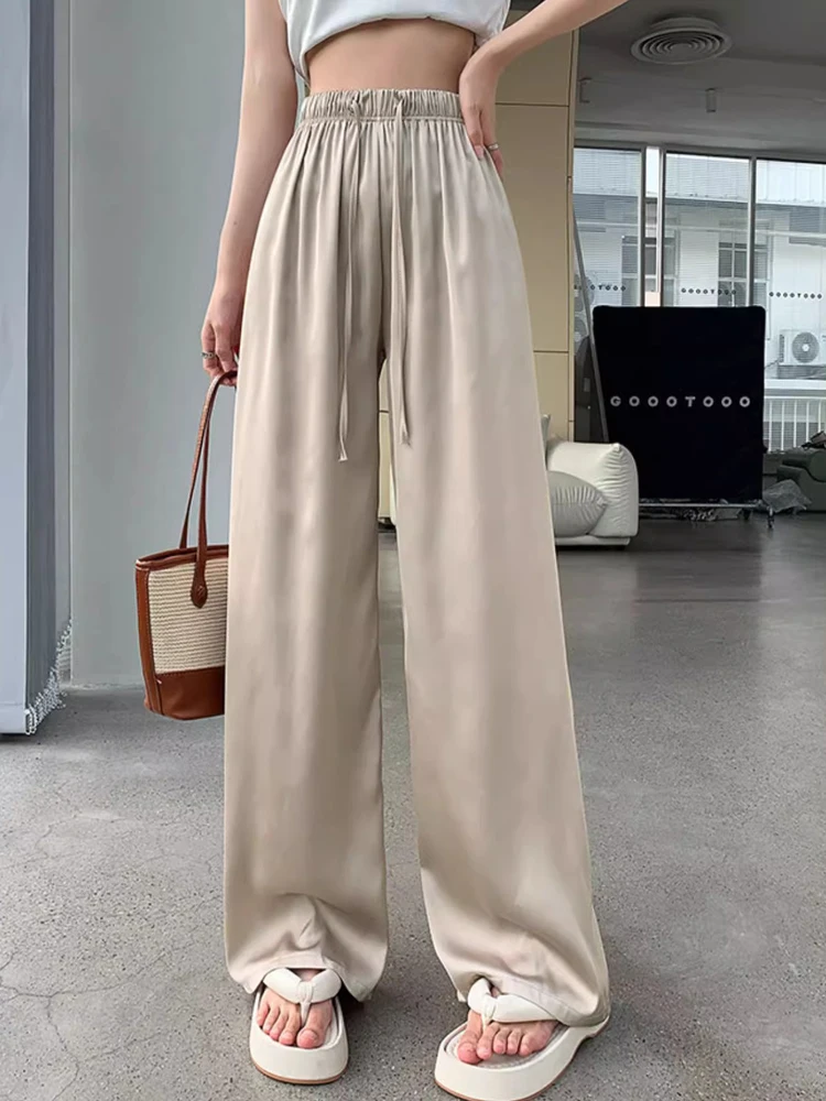 

FSMG Fashion Solid High Waist Satin Wide Leg Pants Casual Loose Ice Silk Straight Trousers Summer Female Soft Full-length Pants
