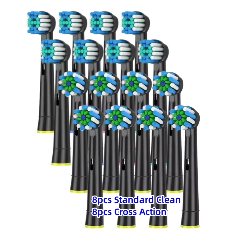 16Pcs Black Replacement Brush Heads Compatible with Oral B Electric Toothbrush - 8 Cross Clean and 8 Standard Clean