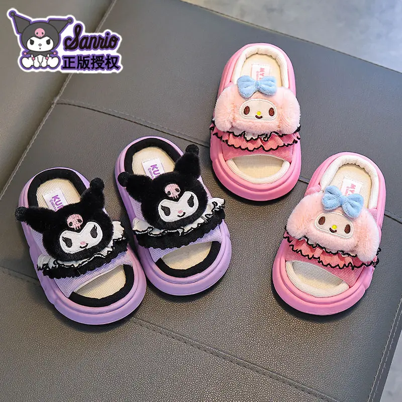 

Детские универсальные тапочки Sanrio Kuromi, сандалии из хлопка и линии для девочек, домашняя универсальная милая домашняя обувь на весну и осень