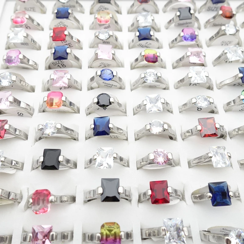 女性用ステンレススチールリング,シルバーカラー,キュービックジルコニアストーン,ファッションジュエリー,スモールサイズ,6-7-8,30個