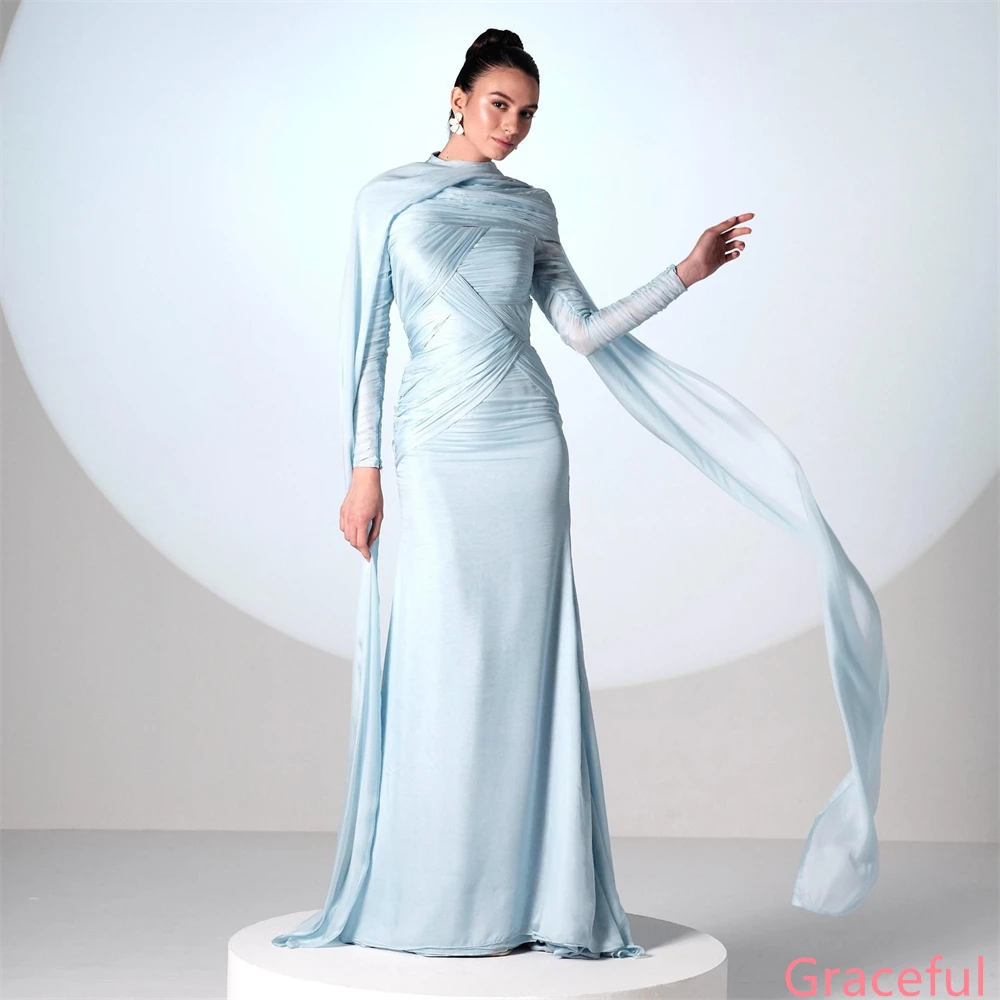 فستان سهرة كلاسيكي من الجيرسيه الأزرق مخصص برقبة دائرية وأكمام طويلة فستان العودة للوطن مناسبة خاصة فساتين عصرية عالية الجودة #6