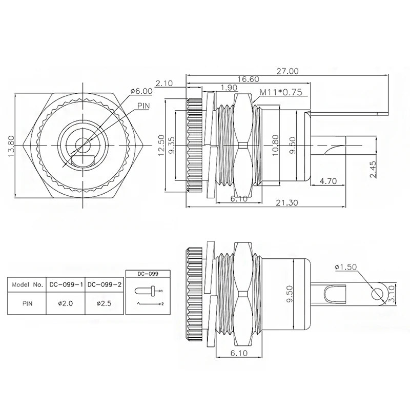 10Pcs DC-099 5.5x2.1mm / 5.5x2.5mm DC Power Female Socket Jack Panel Mount Connector 5.5*2.1/5.5*2.5 DC099 DC Power Jack Adapter
