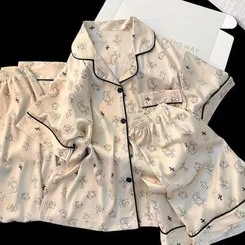 Hello Kitty Female Summer Pajamas Popular Girls Spring Autumn Short-Sleeved Shorts Three-Piece Set Casual Cartoon Home Clothes view 6