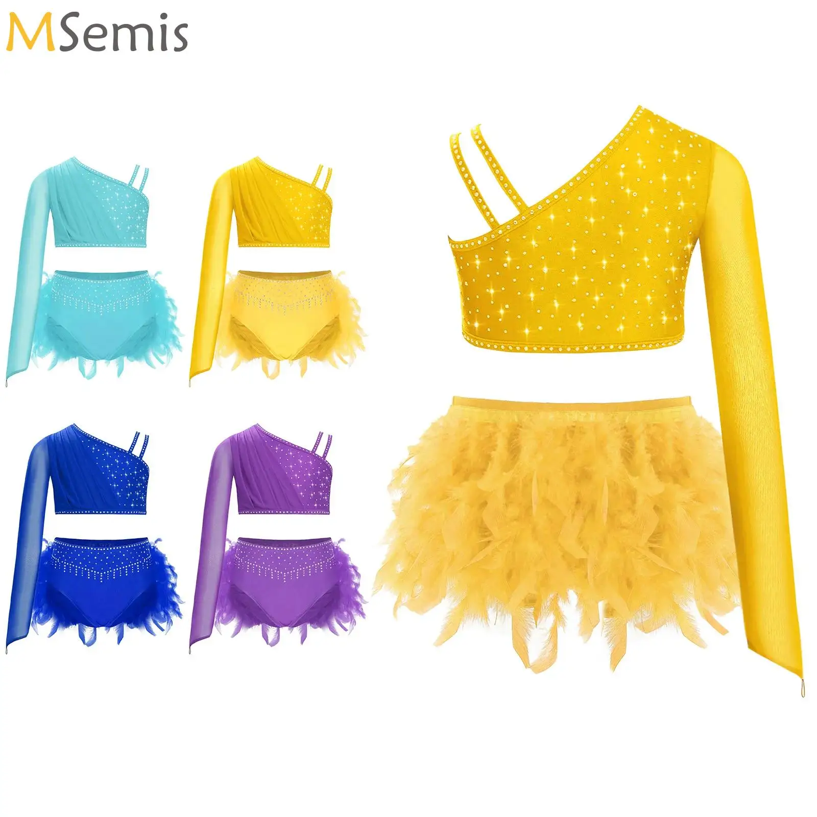 

Girls Ballet Dance Set Rhinestones Asymmetrical Shoulder Crop Top with Feather Briefs Skirt Skating Modern Lyrical Dancewear