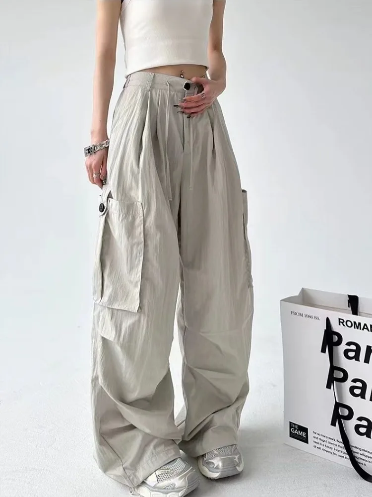 HOUZHOU Vintage Cargo Parachute Pants Women Y2k Oversized Streetwear Wide Leg Trousers Baggy Korean Harajuku Fashion Joggers