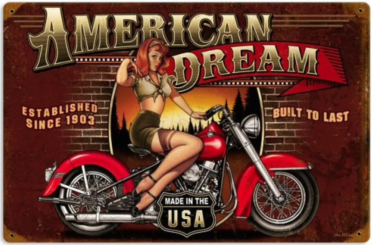 Vintage Metal Tin Sign American Dream Sexy Beauty Pin Up Girl Riding Motocycle for Home Bar Pub Kitchen Garage Restaurant Wall D