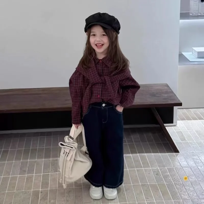 

Girls' Clothing Set Spring and Autumn Children's Retro Design Shawl Long Sleeve Shirt+Jeans Two-piece Set