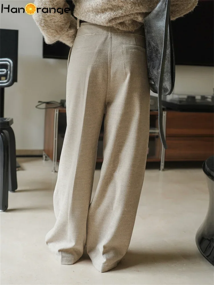 HanOrange 2024 Winter Fashion Double Folds Wide Leg Pants Women Loose Drop Trousers Female Oat/Black Gray