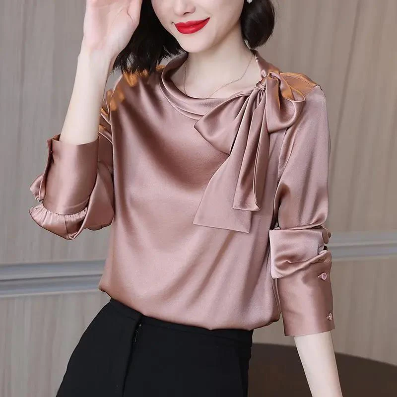 Sommer Herbst Büro Dame Satin Solide Elegante Mode Bogen Shirt Frauen Langarm Temperament Bodenbildung Blusa Alle-spiel Bluse