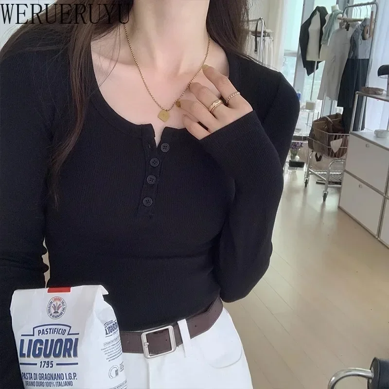 New White V-neck T Shirt Long Sleeve Casual Tops Womens Y2k Clothes Autumn Winter Button Thread Knitted T-shirts for Women 2024