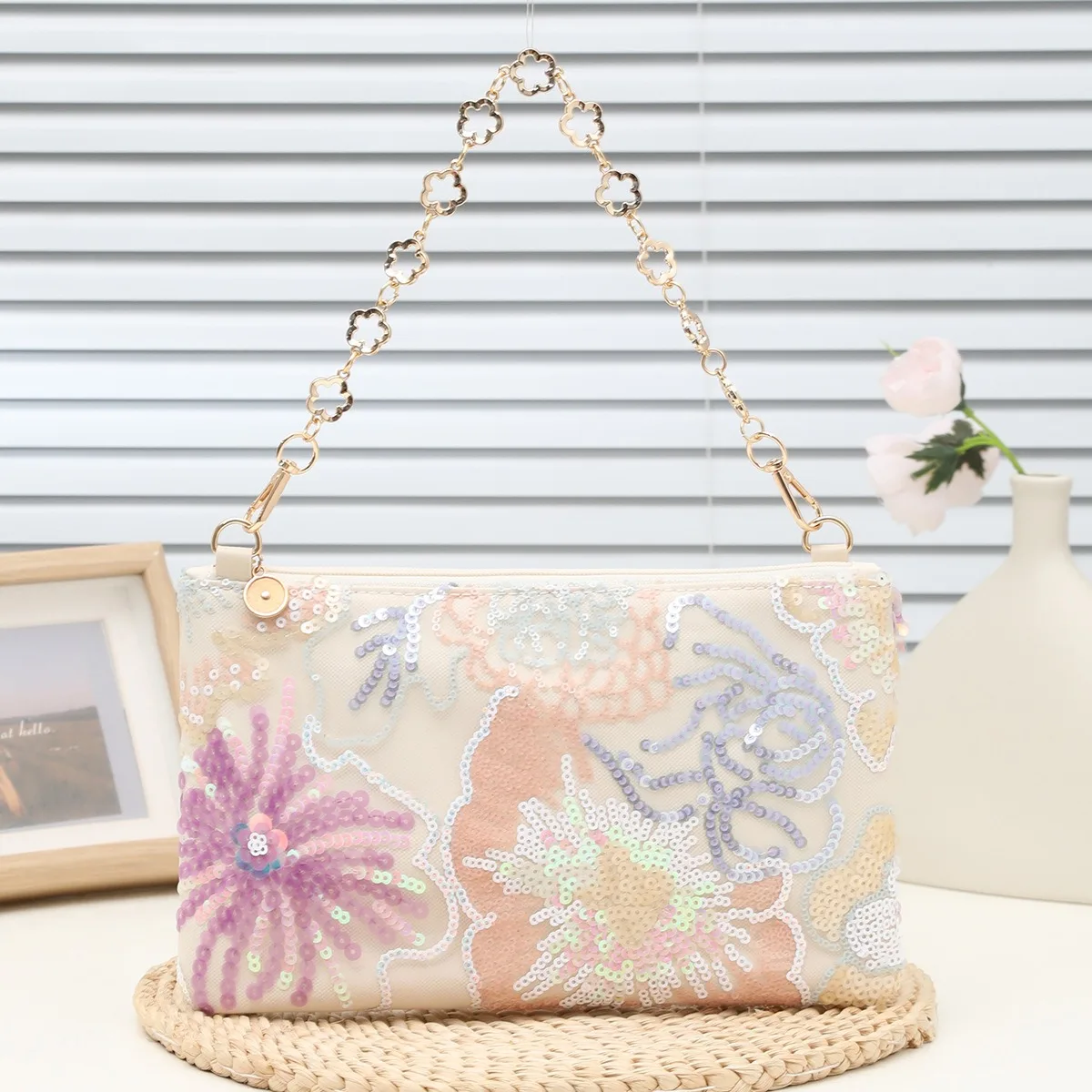 

Handmade Embroidered Floral Applique Vintage Style Sequin Evening Bag, Sparkling Handbag for Weddings, Banquets Ins