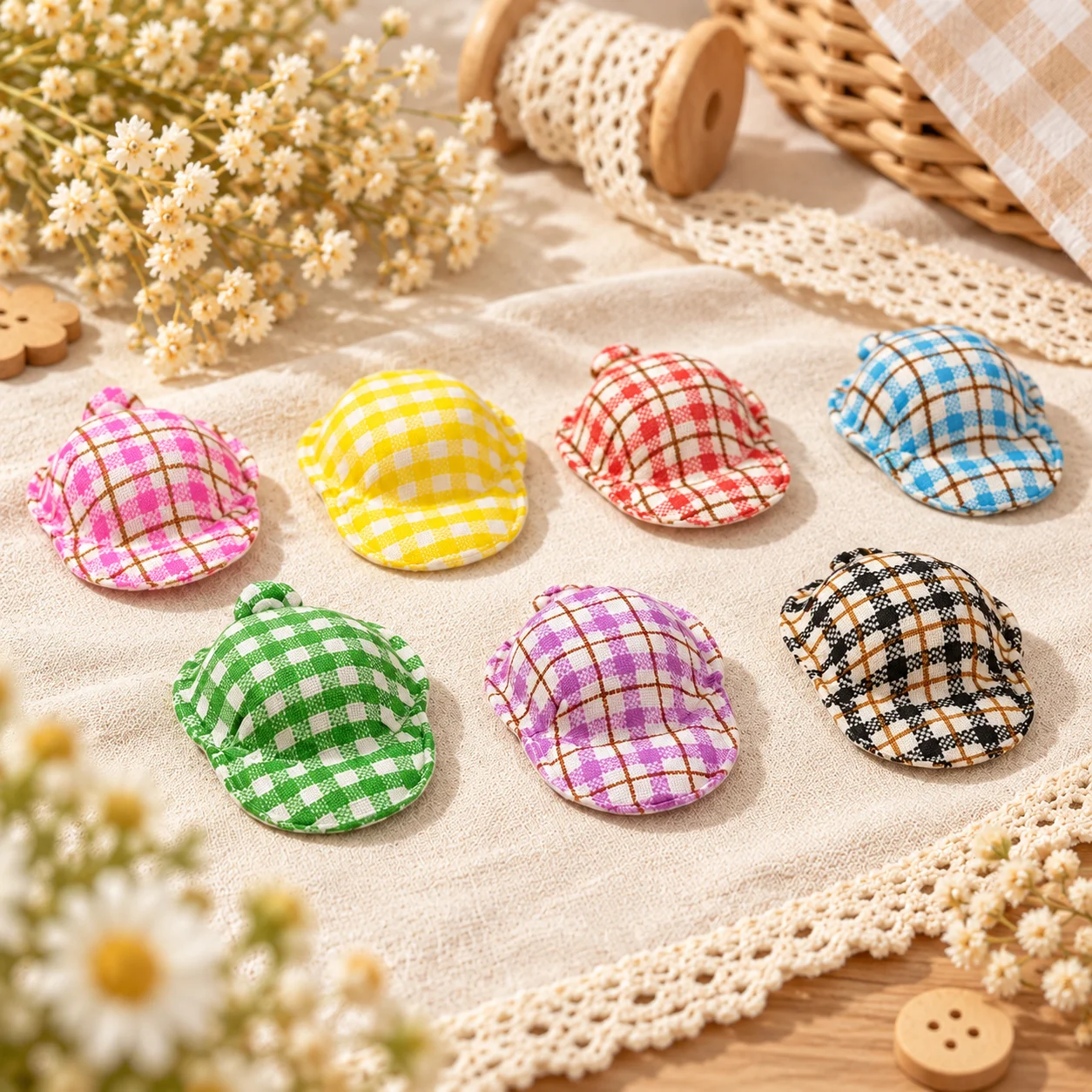 20/40 pcsPlaid Mini Doll Hat Colorful Checkered Baseball Cap for Doll Dress Up DIY Hair Accessories Scrapbooking Crafts Decor
