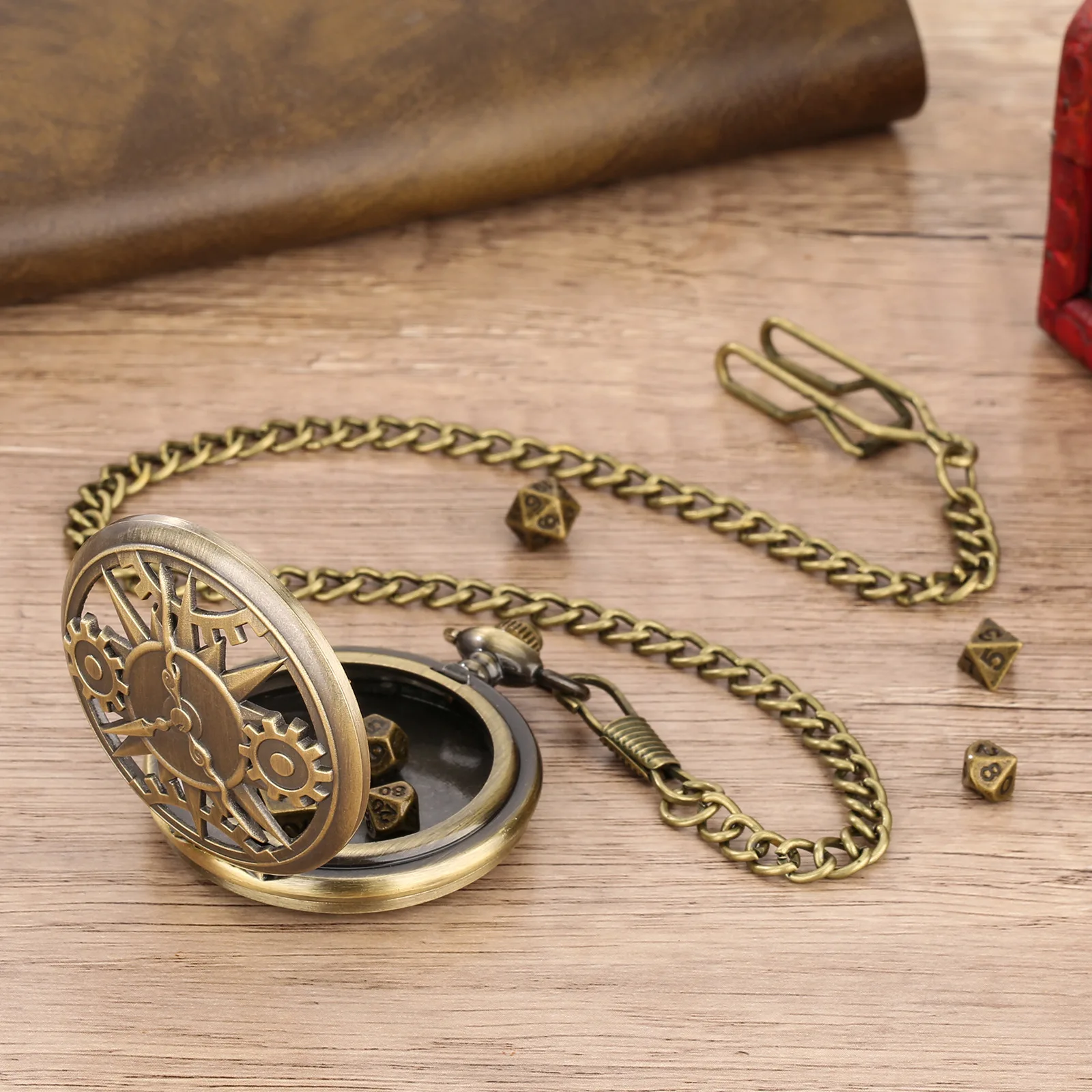 7 Stuks Dnd Dobbelstenen Met Vintage Zakhorloge Hoesjes Voor Dnd Met 39Cm Ketting Holle Klok Gear Pocket Watch Dnd Doce Geschenken Bordspel