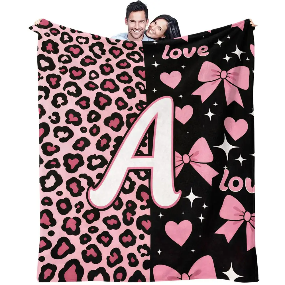 Pink Leopard Heart Bow Print Blanket Flannel Throw Warm Gift Blanket Sweet Girly Decor Sofa Bedroom Travel Camping