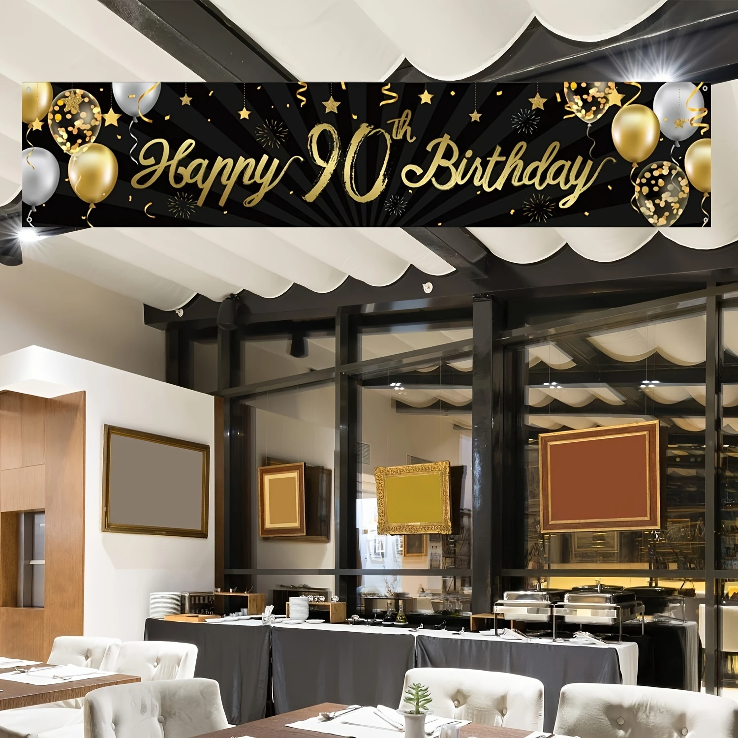 1 Stück „Happy 90th Birthday“-Banner-Schild, goldener Glitzer, 90 Jahre Geburtstag, Party-Dekoration, Zubehör, Jubiläumsfeier, Hintergrund