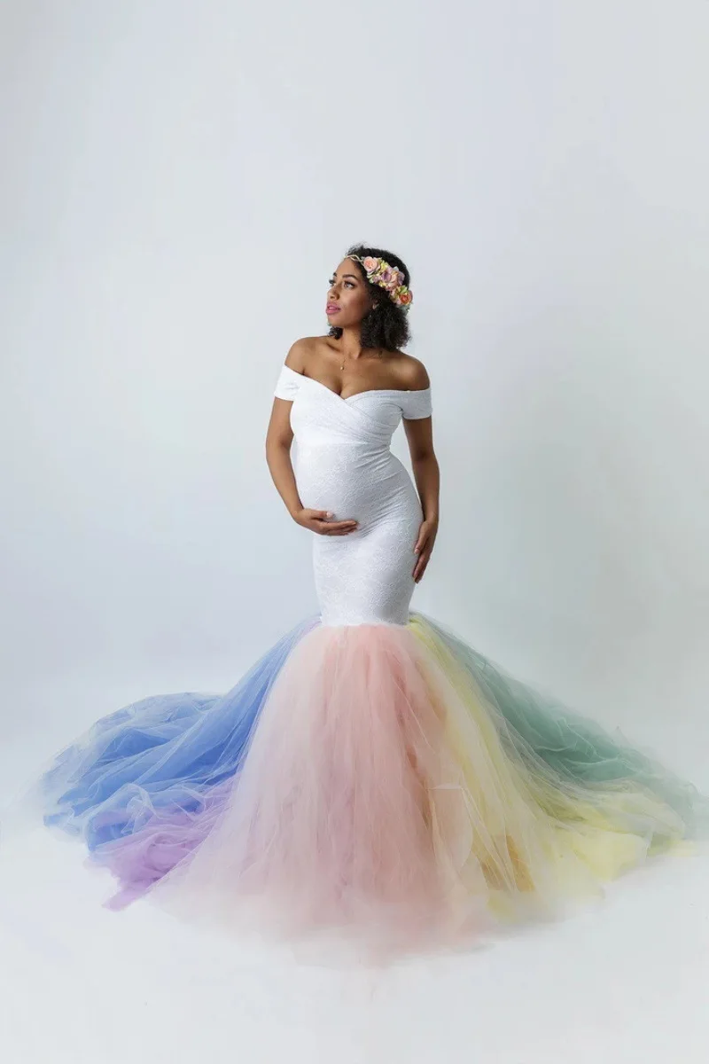 Rainbow Tutu Dresses Maternity Photography Props Pregnancy Dress Photography Fishtail Maternity Dress For Photo Shoot Maxi Dress