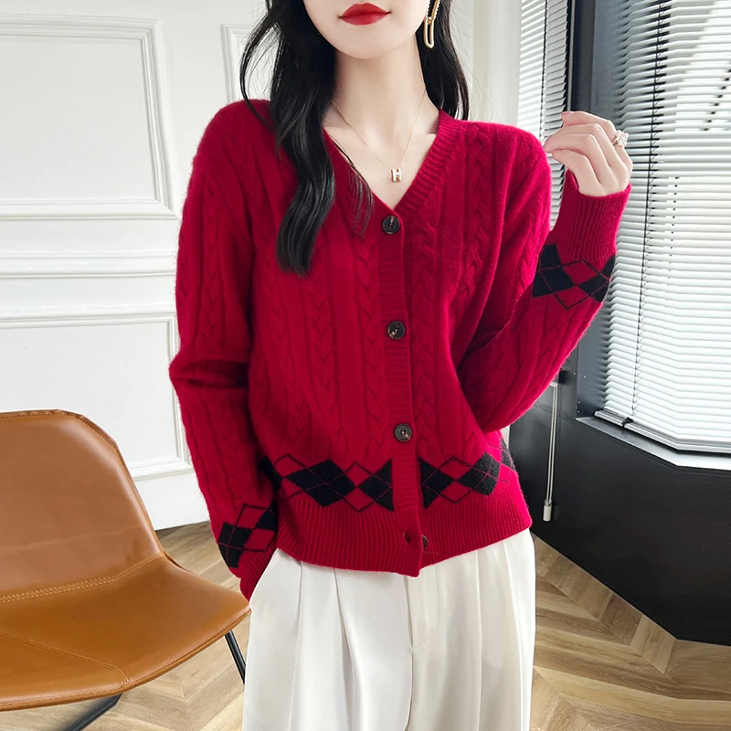 100% Wool Cashmere Cardigan Sweater Women\'s Autumn/Winter V-Neck Knit Long Sleeve Casual Loose Clothing Korean Fashion Pullover