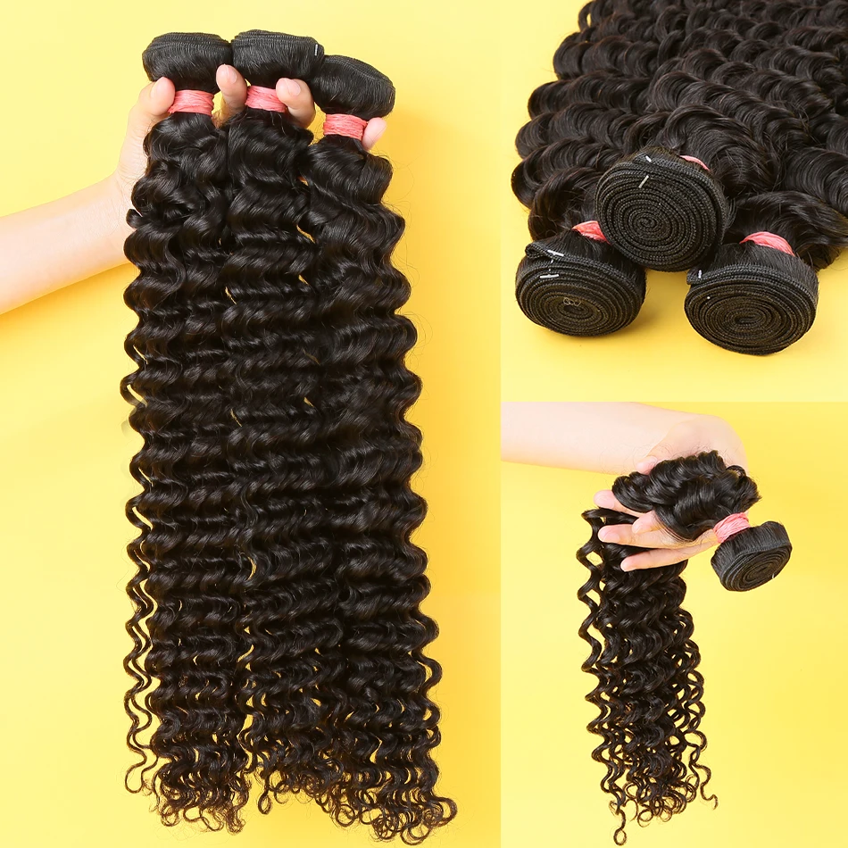 Deep Wave Human Hair Bundles 12 14 16 Inch 3 Bundles 12A 100% Brazilian Weave Bundles Human Hair Deep Curly Bundles Human Hair