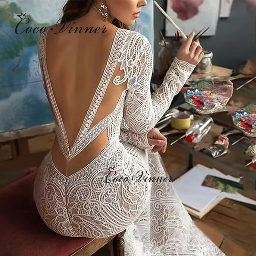 

Сексуальное богемное свадебное платье русалки с глубоким v-образным вырезом по индивидуальному заказу, с открытой спиной и длинными рукавами, со шлейфом часовни, 2025 г., кружевное свадебное платье W1415