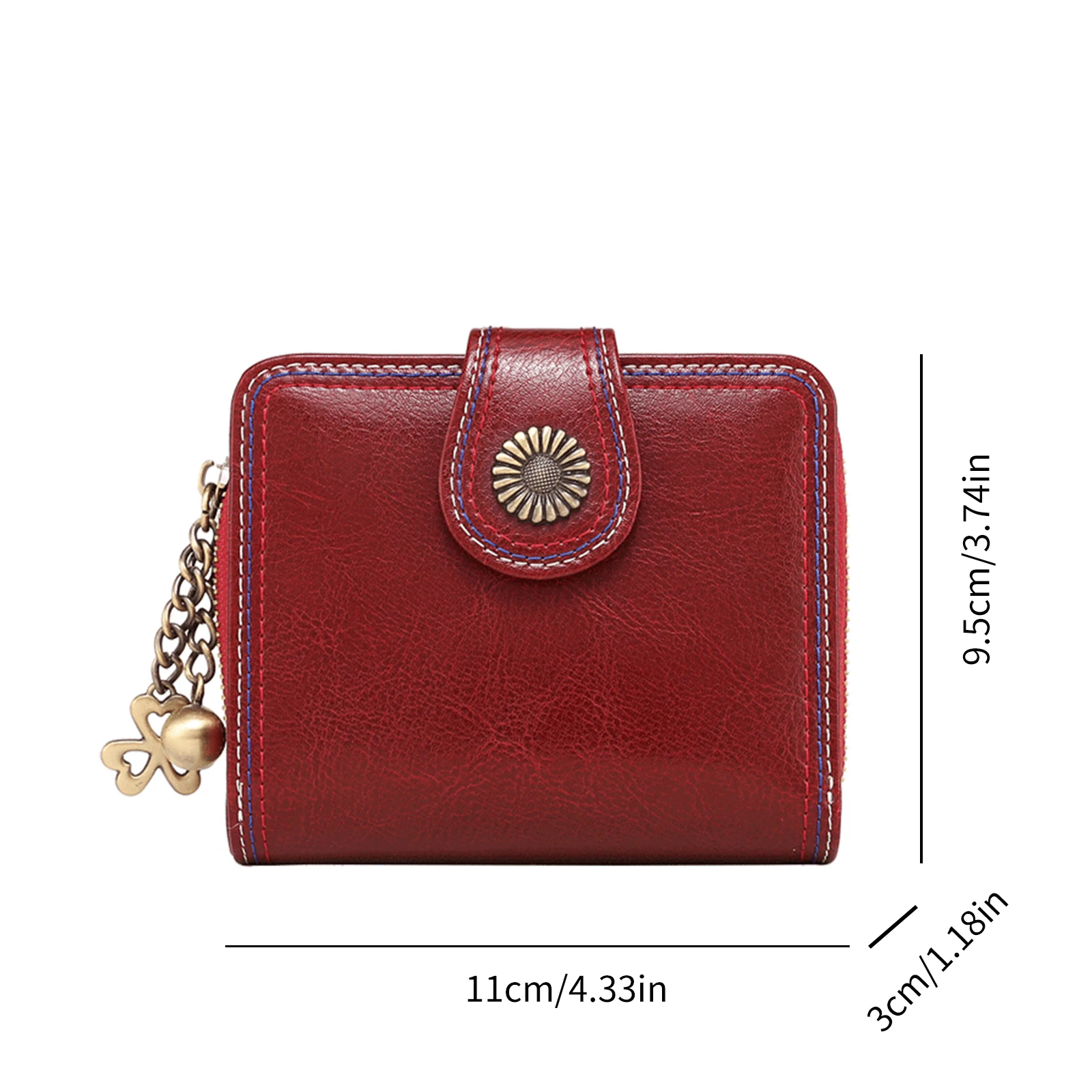 ITAMOOD Red Wallet with Metal Pendent Card Holder Passport Short Wallet Zipper Around Clutch Purse Vintage Design Purse Woman