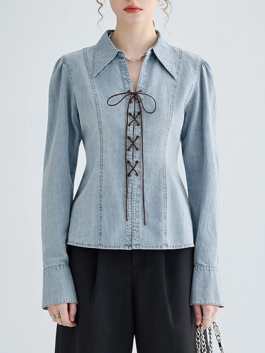 

Step Up Your Denim Game with Our Stylish Bow Tie Denim Shirt in Light Blue - Available in S, M, L, XL
