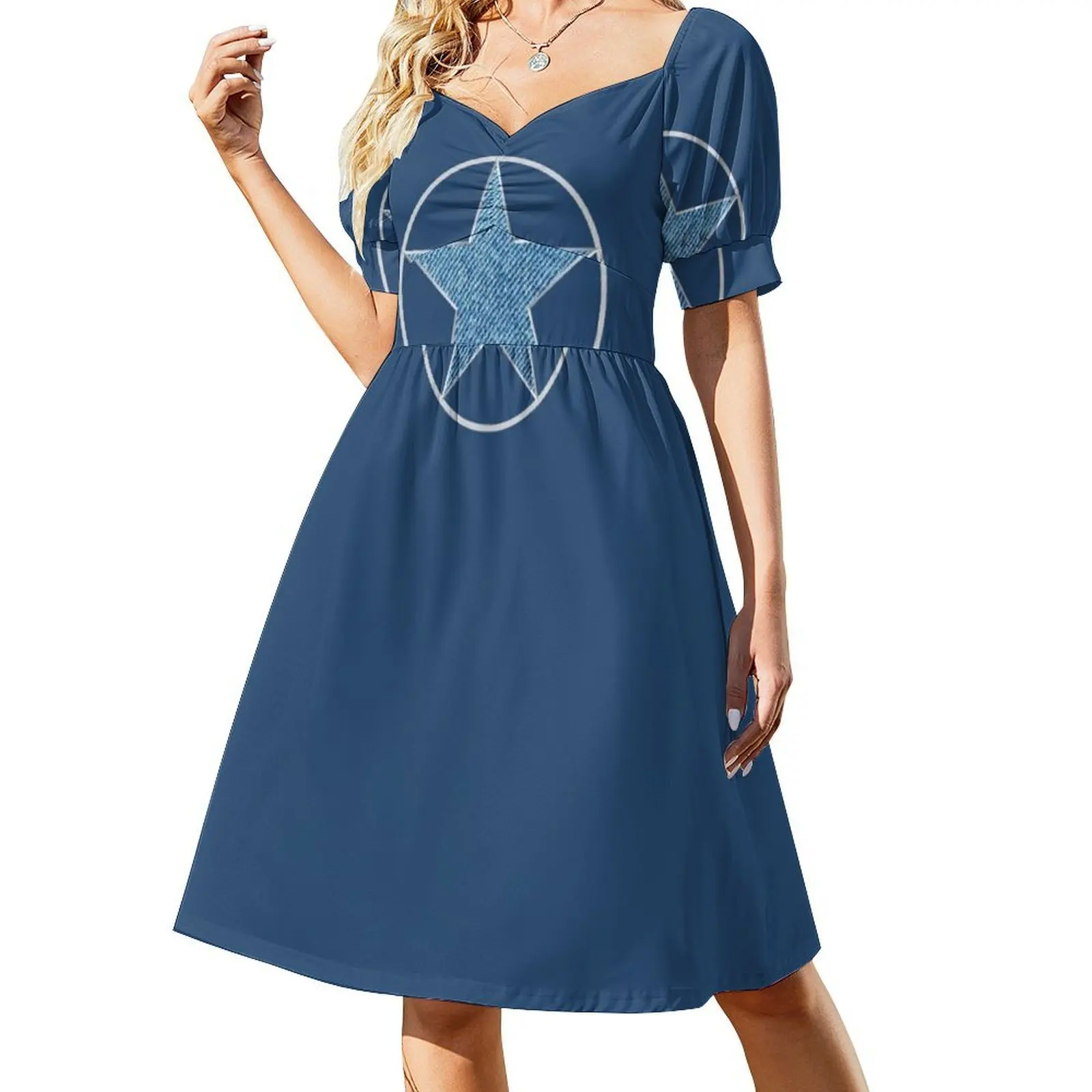 Blue Jeans With Silver Star Preppy Style Mini Dress For Women A-Line Loose Fit Casual Day Dress Lisa Star Cool Silver Silver