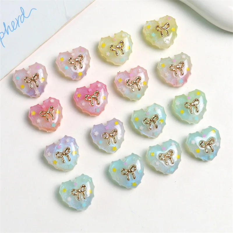 Min order 20pcs/lot 17mm bow core color print cartoon hearts shape resin straight hole beads diy jewelry accessory